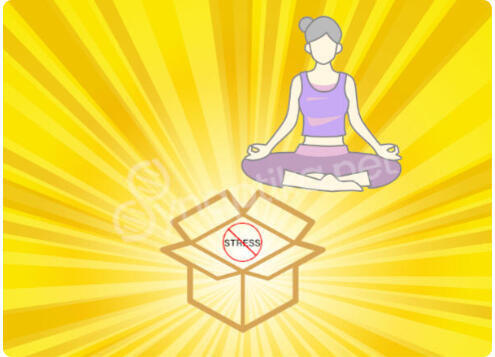 Image illustrant une femme en posture de yoga avec une boîte à stress