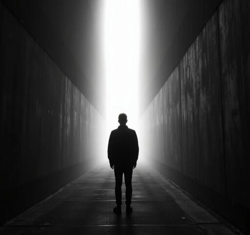 Silhouette dans le tunnel de lumière Silhouette d'une personne debout dans un tunnel étroit aux murs de béton, baignée par une lumière blanche intense qui crée un effet dramatique en noir et blancImage illustrant Léonard de Vinci