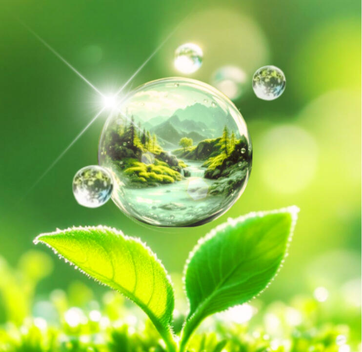 L'eau, source vitale: la magie de la nature capturée dans une goutte d'eau nourrissant la vie Gouttelette d'eau en suspension au-dessus d'une jeune pousse verte, reflétant un paysage de montagne avec rivière et forêt, symbolisant le pouvoir vital et régénérateur de l'eau dans la nature